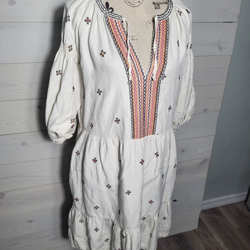 Marine Layer Dress Embroidered Linen  Tiered BOHO Western Coastal Cowgirl.